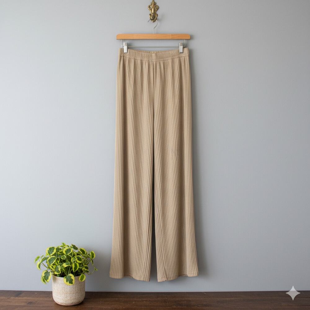 Motel Obeli Velvet Rib Wide Leg Pants XS Tan High Waist Pull On Stretch